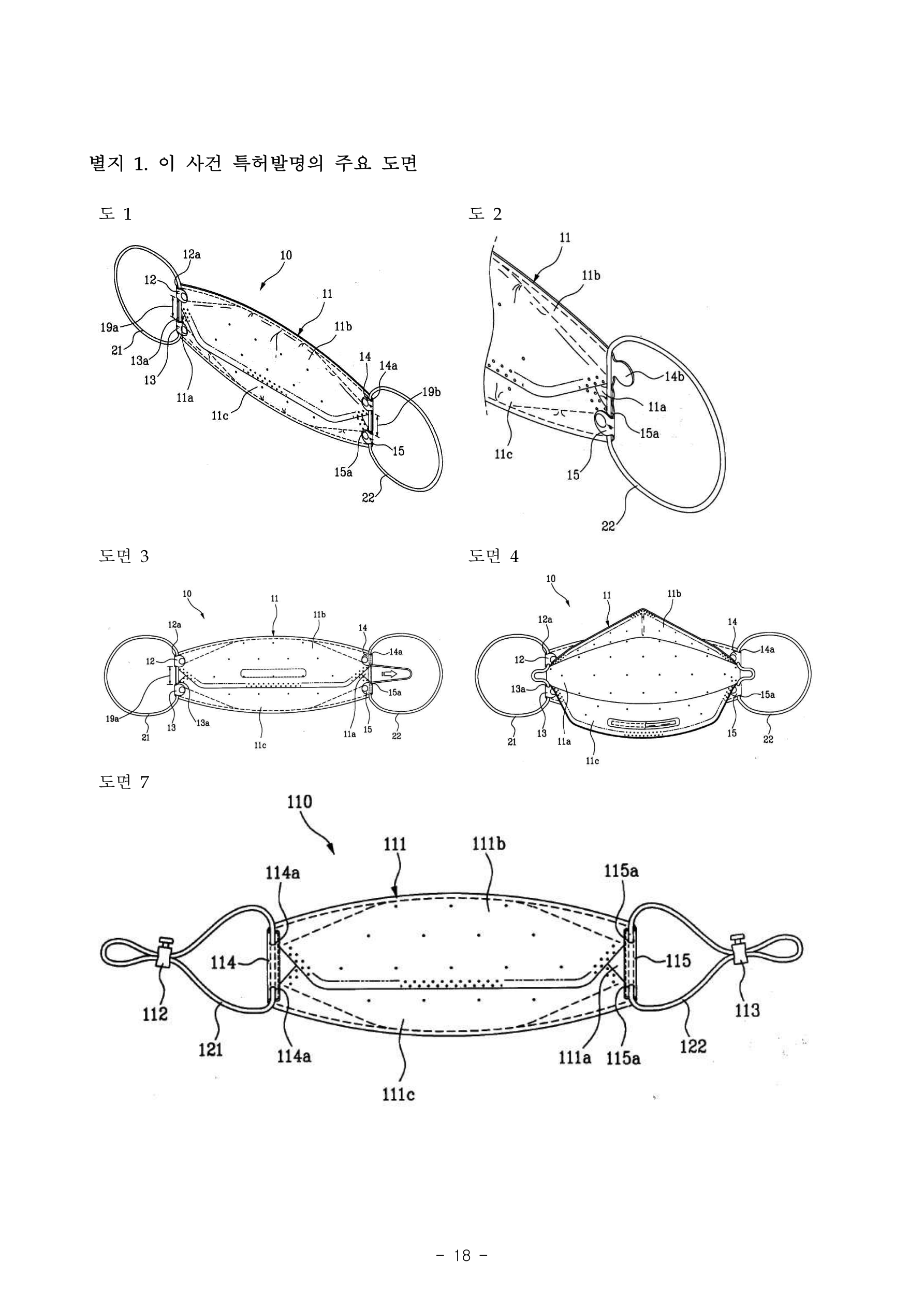 특허발명 제1131866호 주요 도면 모음 — 도 1 내지 도 7. 마스크본체의 덮개부, 걸이끈, 밀착공부, 끈당김이격공간 등 전체 구성요소의 상세 구조를 여러 방향에서 도시