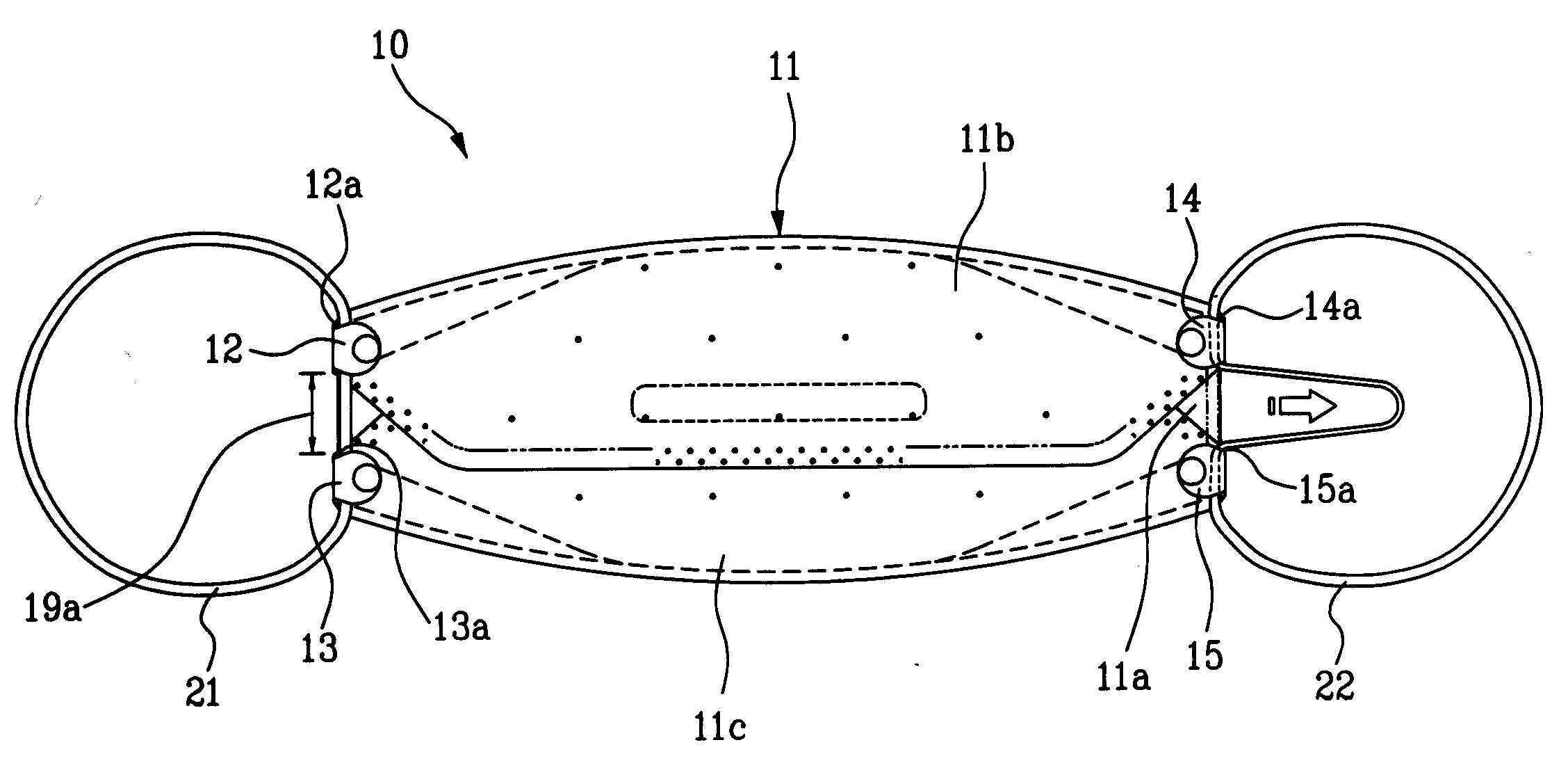 특허발명 제1131866호 도면 7 — 마스크 전체 구조도. 덮개부(11), 걸이끈(12,14), 밀착공부(13,15) 등 주요 구성요소 표시