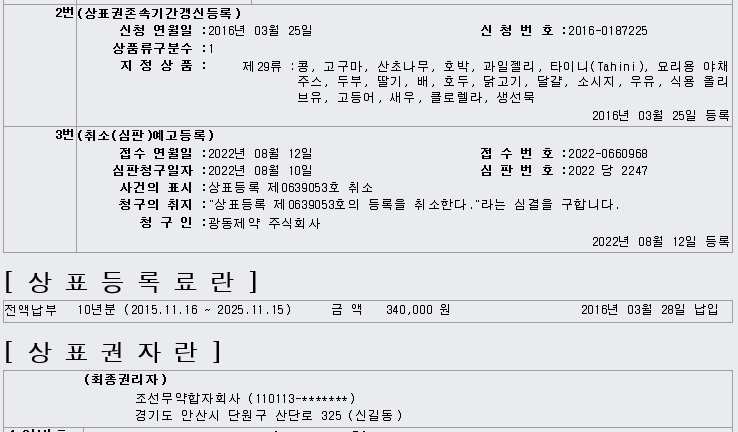 상표등록원부 상세 — 갱신등록, 지정상품, 취소심판 예고등록(심판번호 2022당2247, 청구인 광동제약)