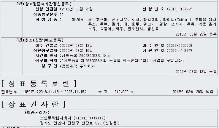 상표등록원부 상세 — 갱신등록, 지정상품, 취소심판 예고등록(심판번호 2022당2247, 청구인 광동제약)