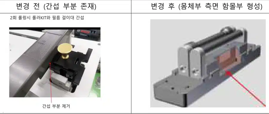 휴대폰 보호필름 부착장치에서 롤러키트와 필름 걸이대가 간섭하던 변경 전 사진과 몸체부 측면에 함몰부가 형성된 변경 후 3D 도면 비교