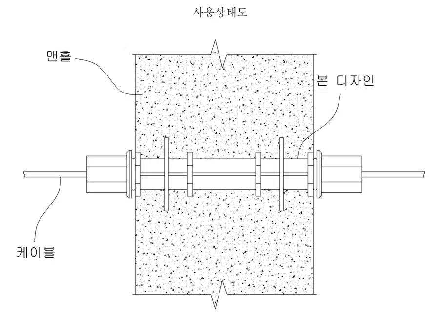 디자인등록 제947400호 맨홀용 관로구의 사용상태도 — 관로구가 맨홀 벽체를 관통해 매입되고 양 끝 볼트부가 벽체 밖으로 드러나 케이블이 통과하는 모습